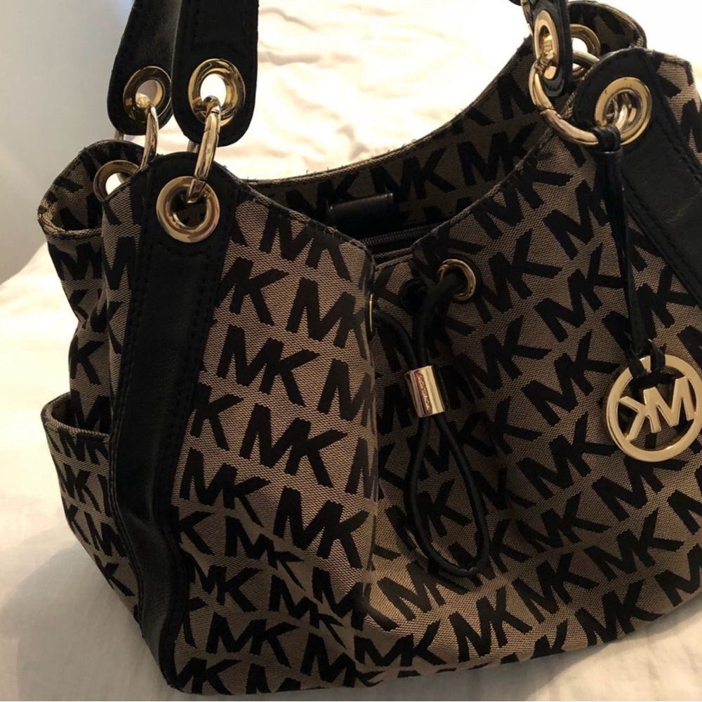 Michael Kors Black and Tan Shoulder Bag with Gold Hardware